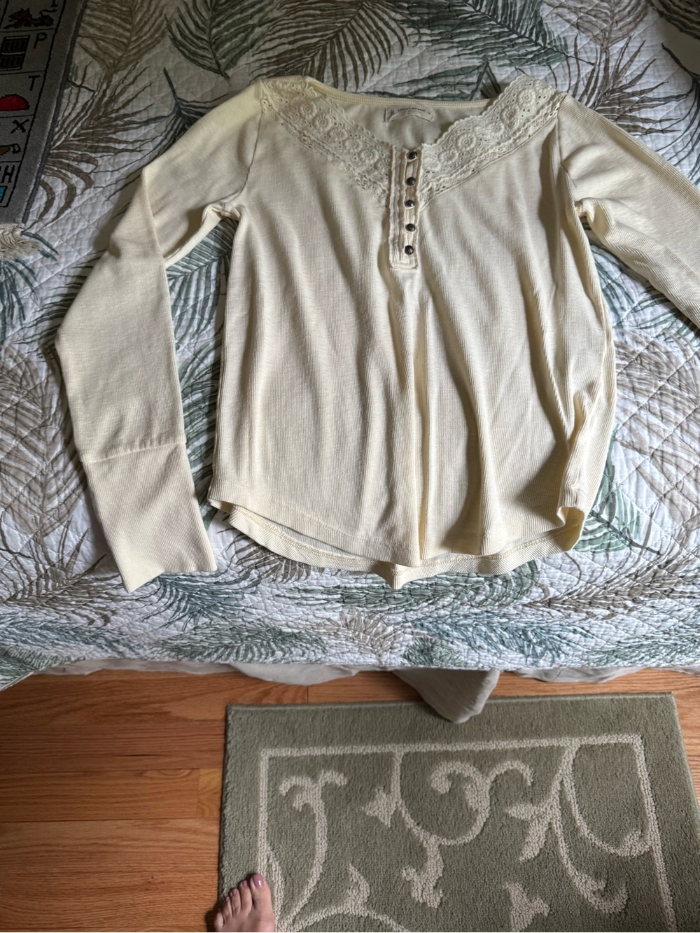 Lucky Brand Cream Lace-Trim Henley Long Sleeve Top